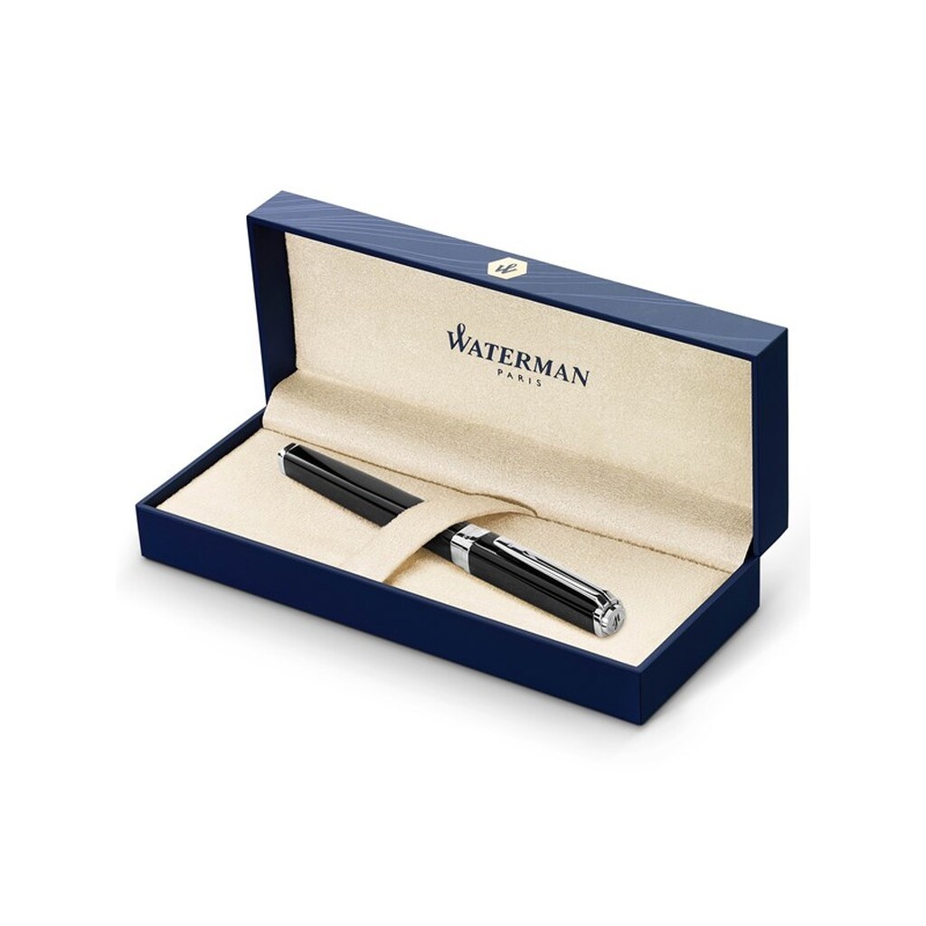Waterman Undtagelse Fountain Pen | Slank sort med sølvbelagt clips | Fin spids med blå blækpatron | Gaveæske