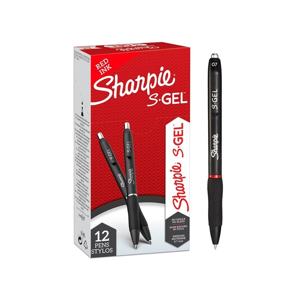 Sharpie S-Gel | Gelpenne | Medium spids (0,7 mm) | Rødt blæk | 12 styk