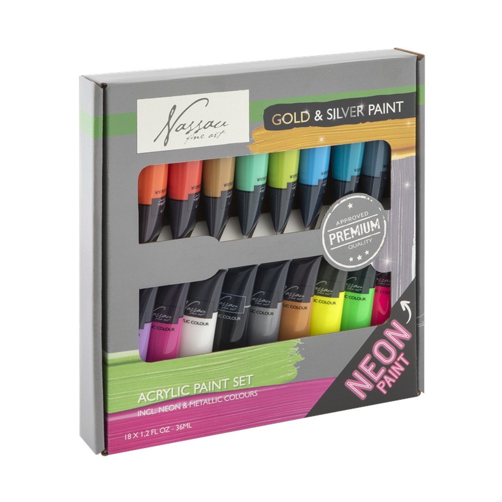 Nassau Paint acrylic 18 x 36 ml incl. fluor &amp; metallic