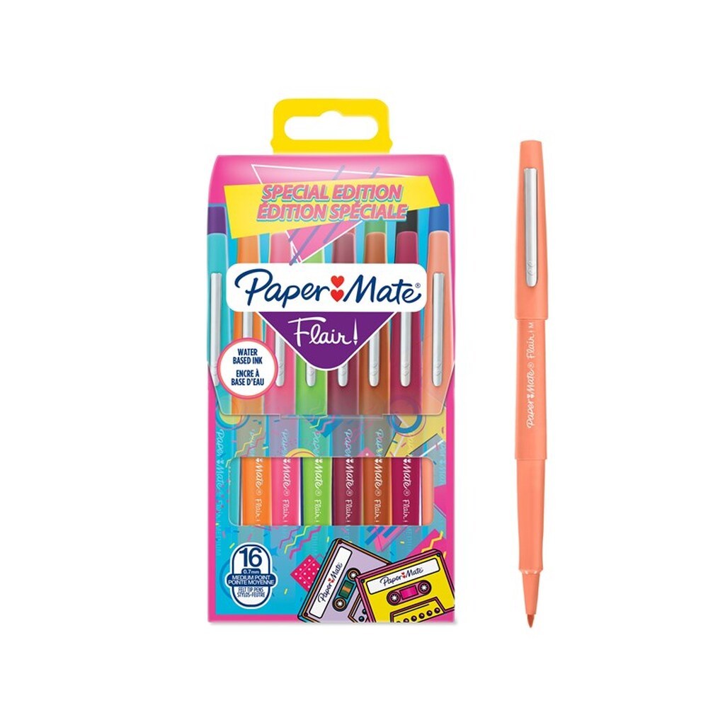 Paper Mate Flair Filtpenne | Mellempunkt (0,7 mm) | Assorterede retrofarver | 16 Stk