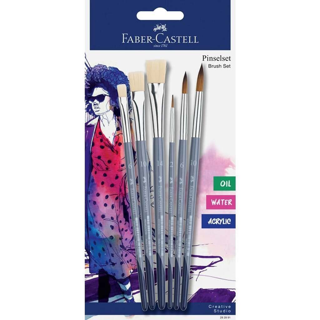 Faber-Castell Malerpensler, blisterkort med 6 stk, runde pensler str. 2, 6, 10 og flade pensler str. 6, 10, 14