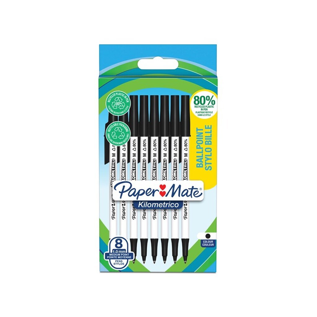 Paper Mate Kilometrico kuglepenne | Lang skrivning med mellempunkt (1,0 mm) | Sort blæk | 80% genanvendt plast | 8 Stk