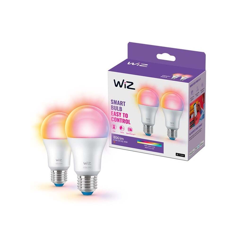 WiZ Full Color A60 E27 Smart LED-pære 2-pak - RGB/16 millioner farver + dæmpbart hvidt LED-lys