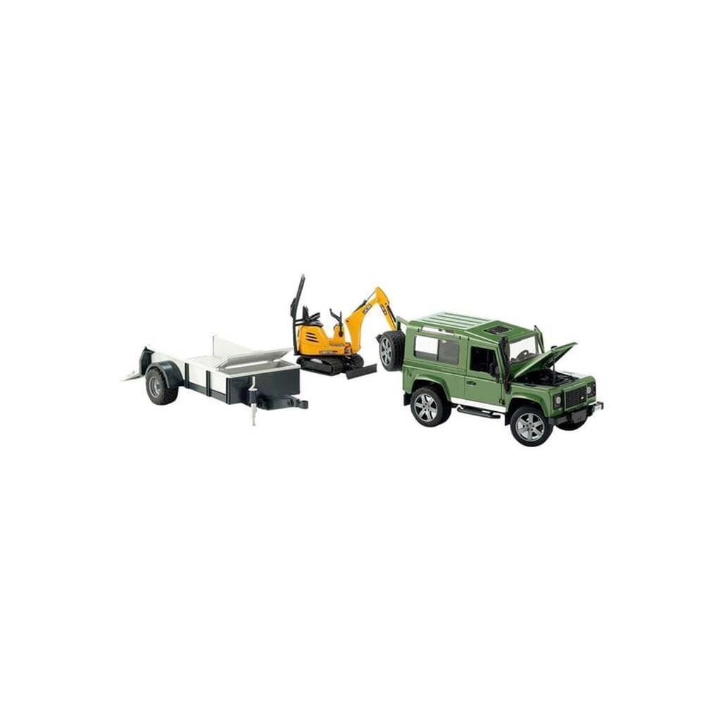 Bruder Land Rover Defender one axle trailer, JCB micro excavator + worker