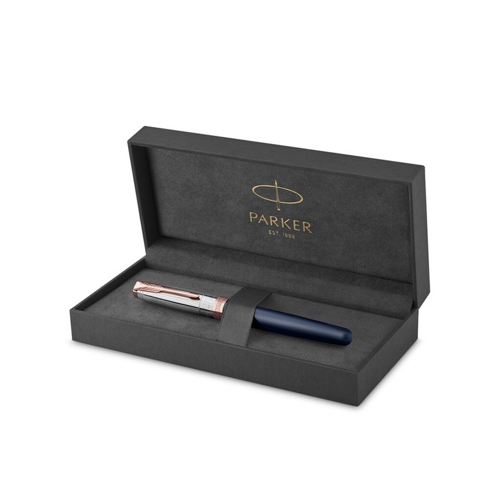 Parker Sonnet fyldepen | Intrerpid Journeys Collection, Mt. Fuji Edition | Blå lak &amp; massiv sølv med lyserøde guldkanter | Fin massiv guldspids | Sort blæk | Gaveæske
