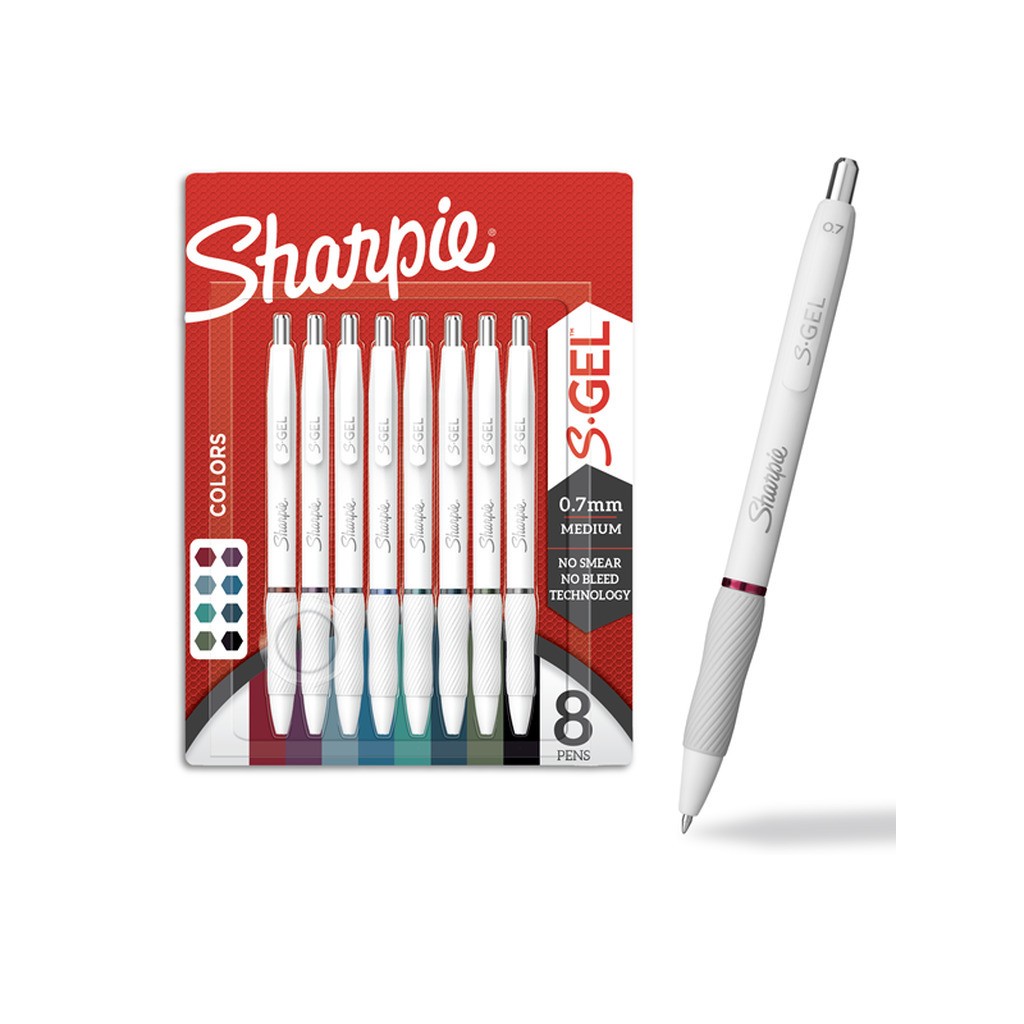 Sharpie S-Gel | Medium spids (0.7mm) | Assorterede Blækfarver | Hvidt perleskaft | 8 stk