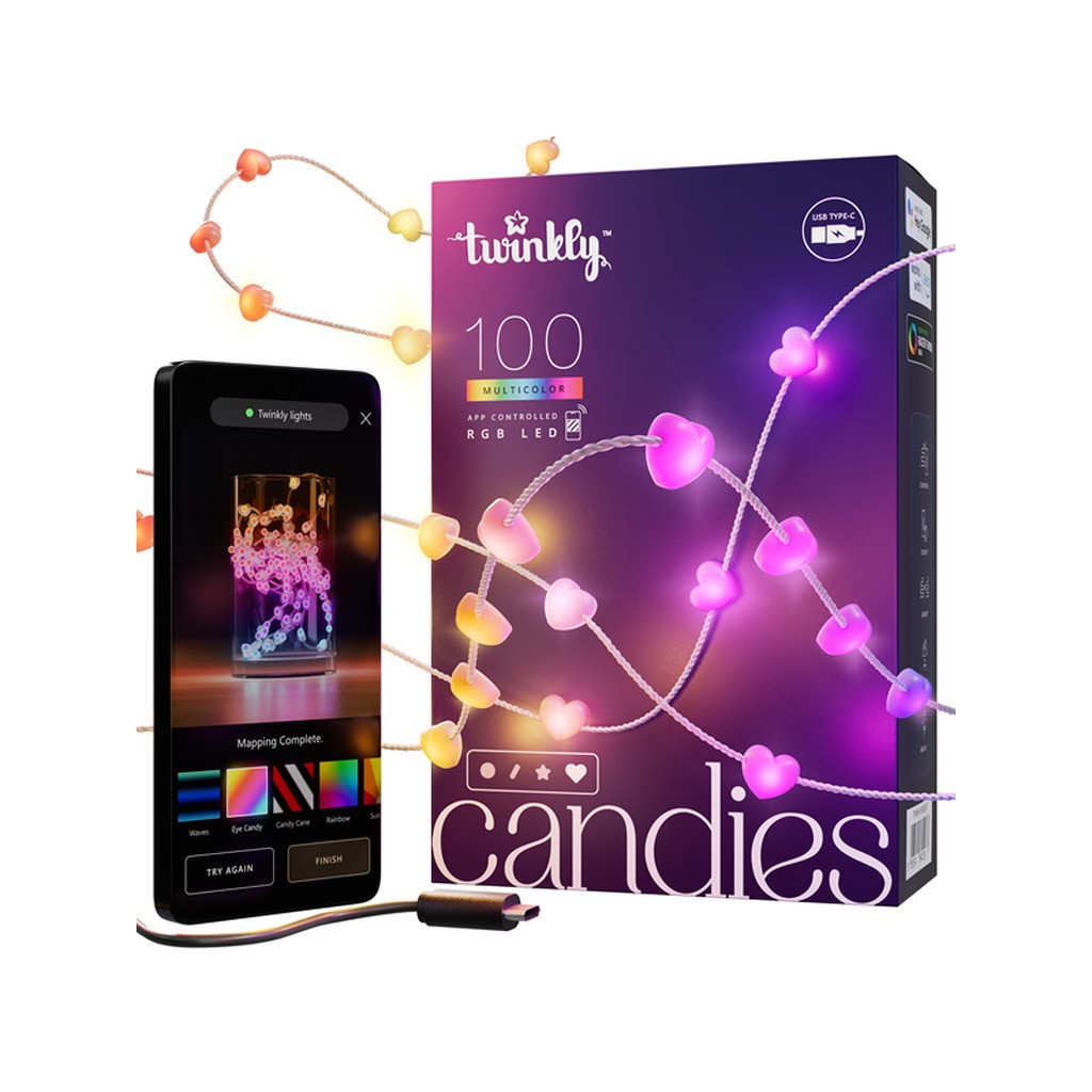 Twinkly Candies - 100 Heart-shaped RGB LEDs Clear Wire USB-C