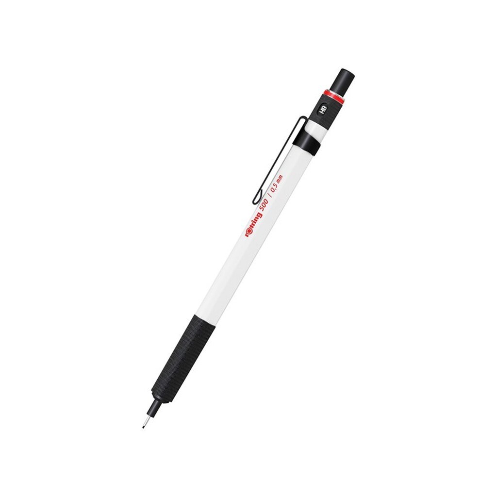 Rotring rOtring 500 Mekanisk Blyant | 0,5 mm HB Bly | Hvid Sekskantet Plastik Skaft og Skridsikkert Metal Greb