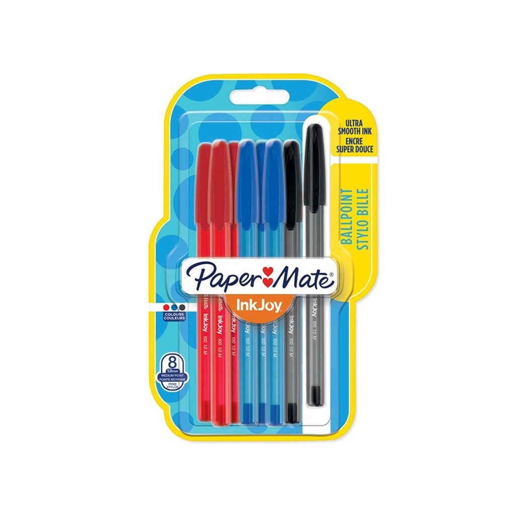 Paper Mate InkJoy 100ST Capped Ballpoint Pens | Medium spids (1,0 mm) | Forskellige farver | 8 styk