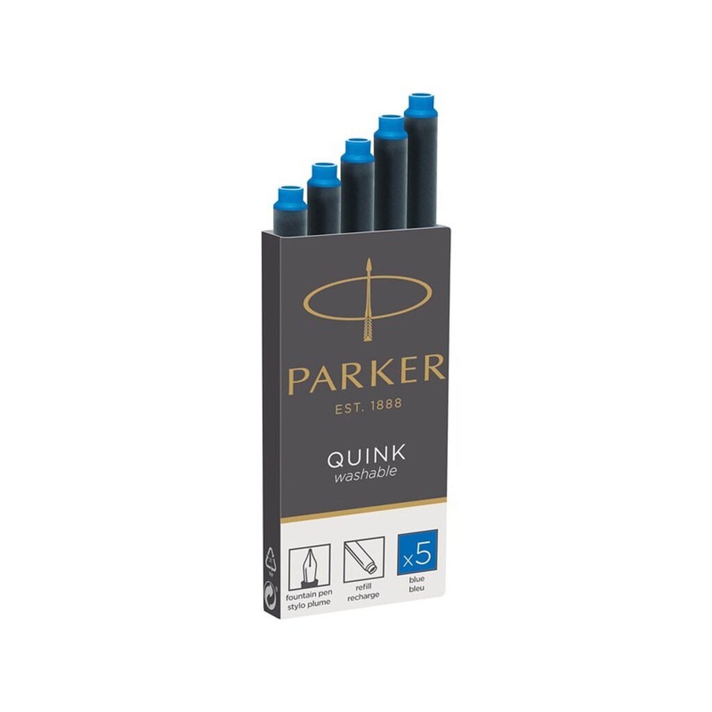 Parker Fyldepen Blæk Refill Patroner | Lang | Vaskbar Blå QUINK Blæk | 5 Stk