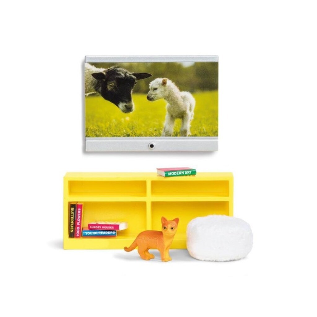 Lundby Gul Reol m/TV bøger kat &amp; puf