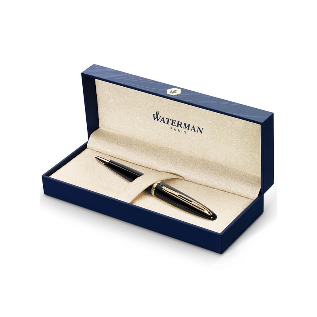 Waterman Carène Black Sea Ballpoint Pen | Højglans sort &amp; 23k guld klip | Medium punkt med blå blækpatron | Gaveæske
