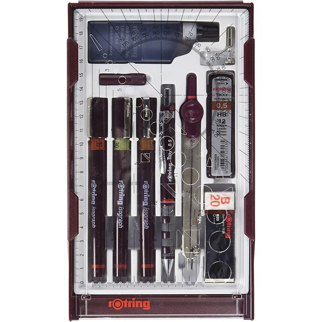 Rotring rOtring Isograph Teknisk Pen Master Set | 3 finelinere (0,10 mm, 0,30 mm, 0,50 mm), mekanisk blyant (0,5 mm), kompas og tilbehør | Sæt med 10 dele i etui