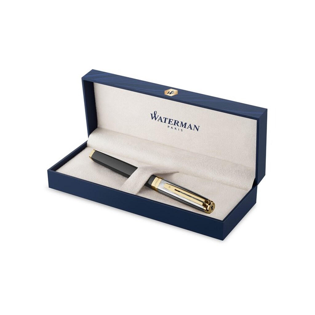 Waterman Exception Fyldepen | Metal &amp; Sort Lakeret med Guldbeklædning &amp; Høvlet hætte | 18K guld medium spids | Blåt Blæk | Gaveæske