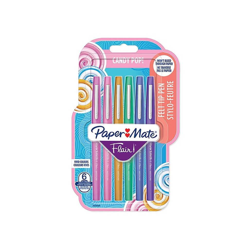 Paper Mate Flair Felt Tip Pens | Medium spids (0,7 mm) | Forskellige candy-POP-farver | 6 styk