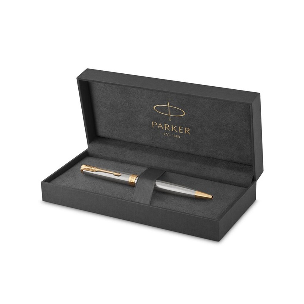 Parker Sonnet-kuglepen | rustfrit stål med detaljer i guld | medium spids sort blæk | gaveæske