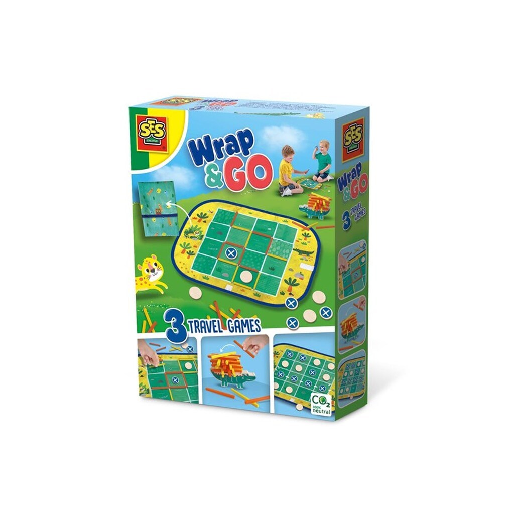 SES Creative Wrap &amp; Go - 3 Travel Games - 3-in-1 - Four in a Row - Dots and Boxes - Pack Croco