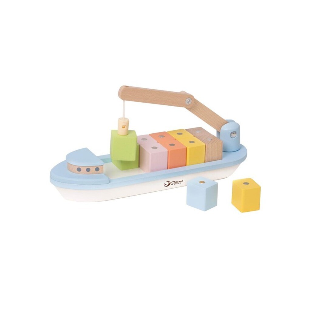 Classic World Wooden Block Boat with Crane 13 pcs