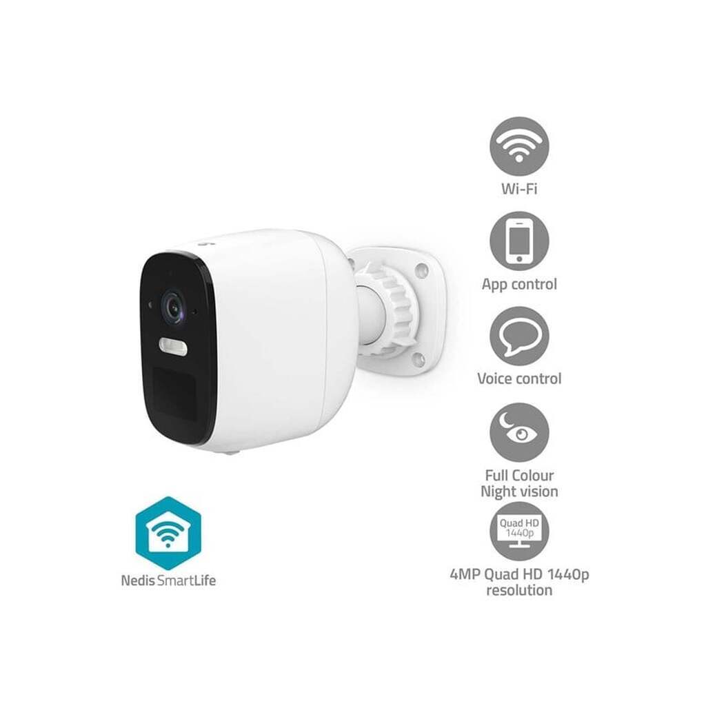Nedis SmartLife udendørskamera, Wi-Fi, 4MP Quad HD 1440p / 2560x1440, IP66, Med bevægelsessensor, Nattesyn, Hvid