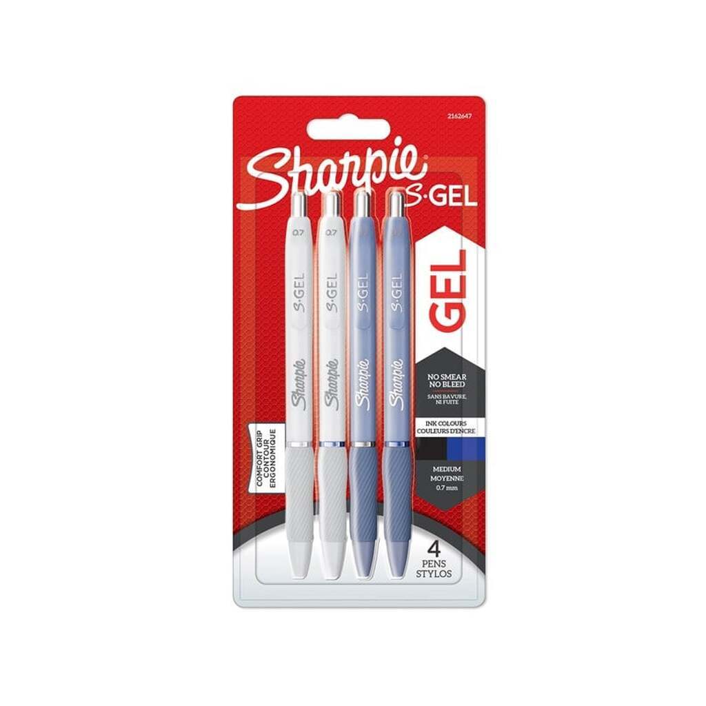 Sharpie S-Gel | Gelpenne | Medium spids (0.7mm) | Frost Blue &amp; White Pearl hylstre | Sort &amp; blåt blæk | 4 styk