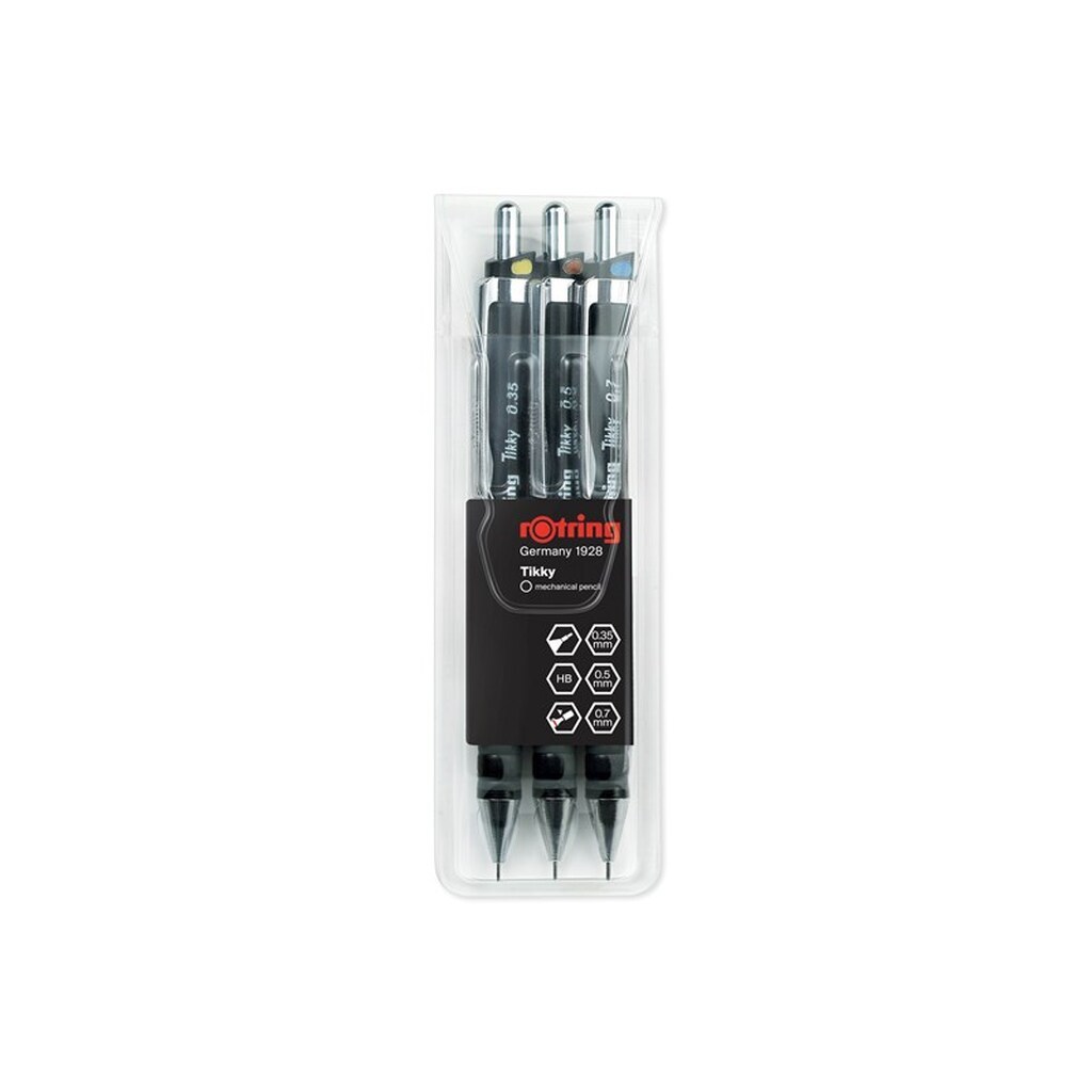 Rotring rOtring Tikky mekanisk blyant | 0,35 mm, 0,5 mm og 0,7 mm | HB Bly | Sort tønde | Sæt i 3 dele