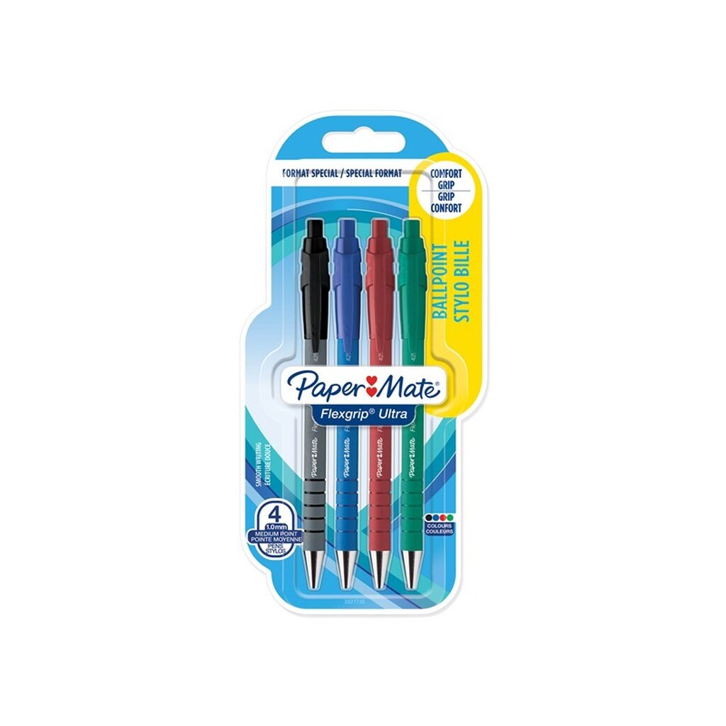 Paper Mate Flexgrip Ultra Retractable Ballpoint Pens | Medium spids (1,0 mm) | Forskellige farver | Pakke med 3+1 styk