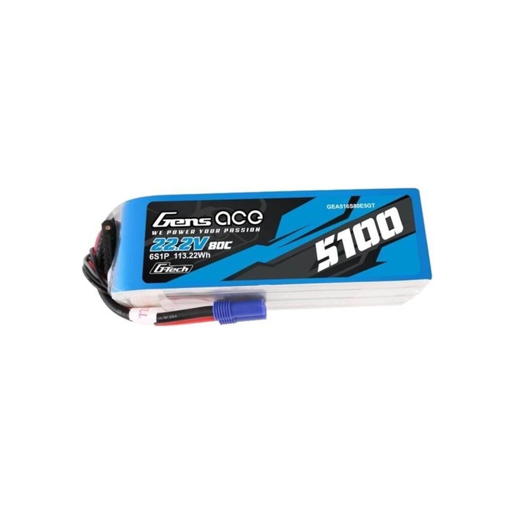 Gens ace &amp;Tattu G-Tech 5100mAh 80C 22.2V 6S1P Lipo Battery Pack with EC5 plug