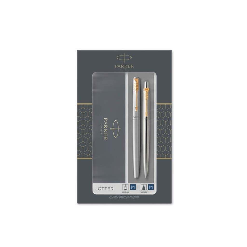 Parker Dobbelt  Jotter-gavesæt med kuglepen og fyldepen, rustfrit stål med detaljer i guld, patron med blå blæk og patroner, gaveæske
