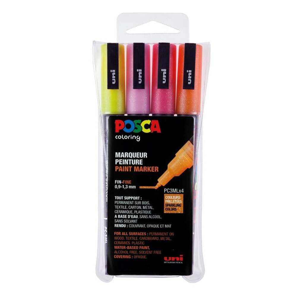 POSCA  marker sæt PC-3M, 4 ass. Glitter farver, warm