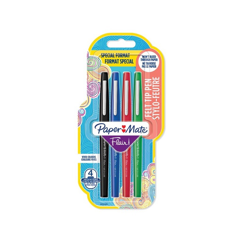 Paper Mate Flair Felt Tip Pens | Medium spids (0,7 mm) | Forskellige farver | 4 styk