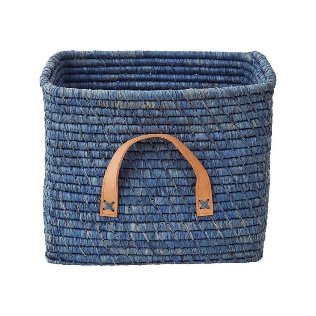 Rice Small Square Raffia Basket with Leather Handles