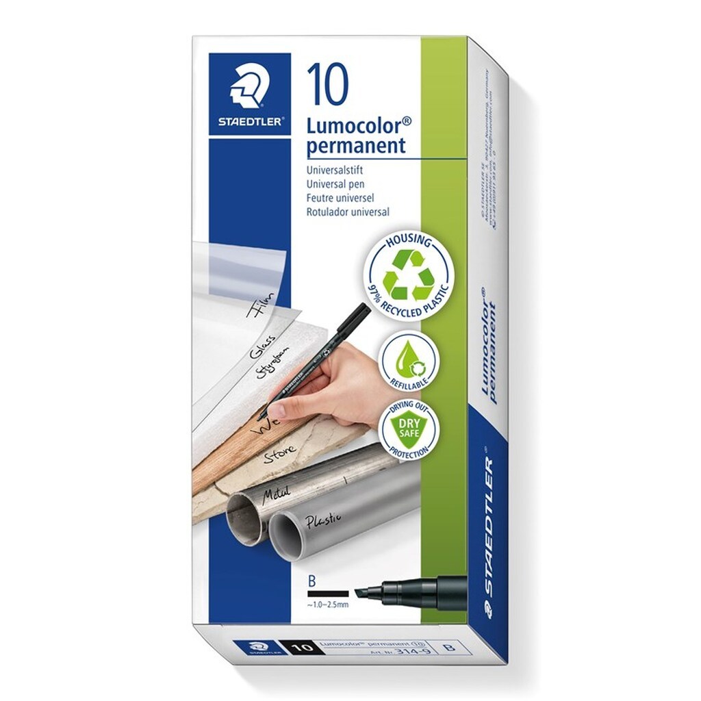 Staedtler LUMOCOLOR PERM B 1,0-2,5 mm SORT, ÆSKE 10 STK