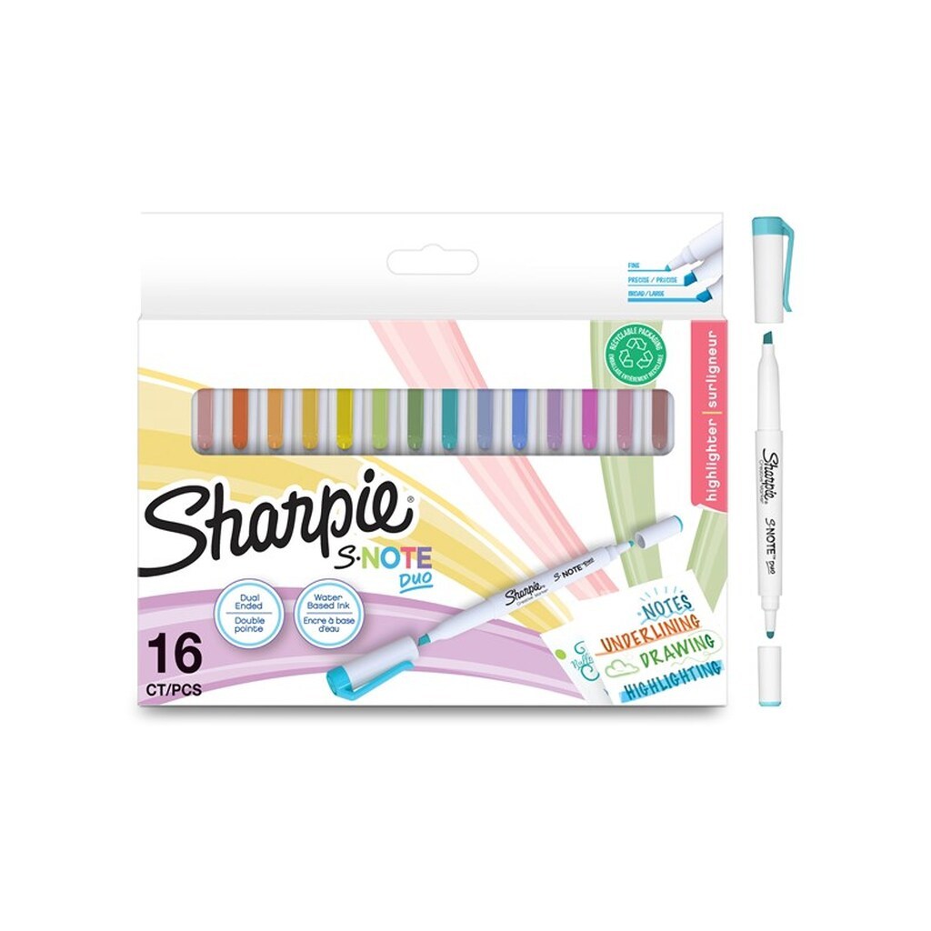 Sharpie S-Note Duo overstregningstuscher | Kreative markører med to ender af pastel | Bullet og bred spids til highlighte, tegning, journalføring og mere | 16 Stk