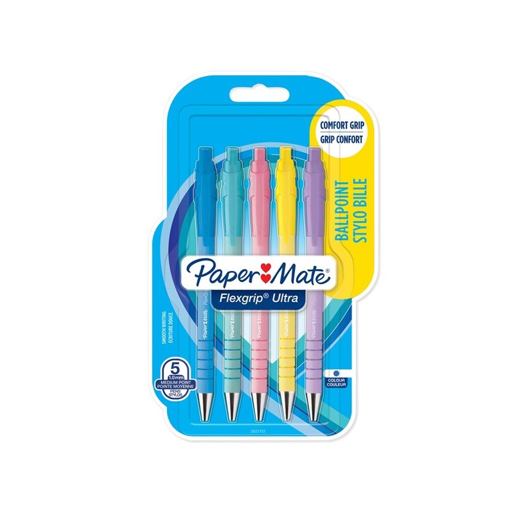 Paper Mate Flexgrip Ultra Pastel kuglepenne | Medium spids (1,0 mm) | Blåt blæk | Pastelhylster | 5 Stk