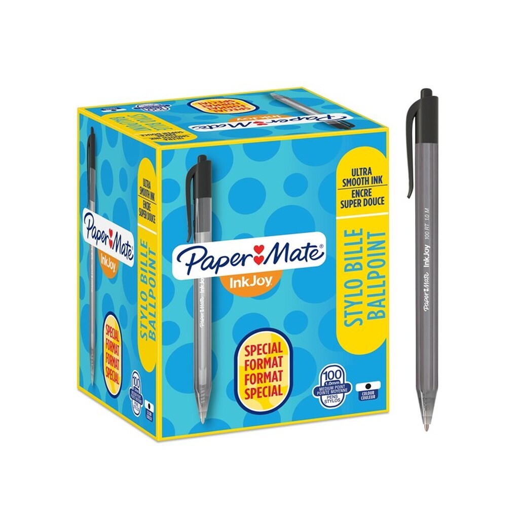 Paper Mate InkJoy 100RT Retractable Ballpoint Pens | Medium spids (1,0 mm) | Sort | 100 styk
