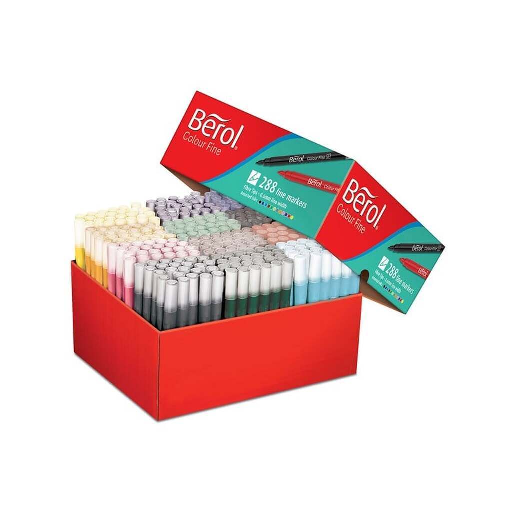 Berol filtspids farvetuscher, fin spids (0,6 mm), forskellige farver, skolepakke med 288 styk