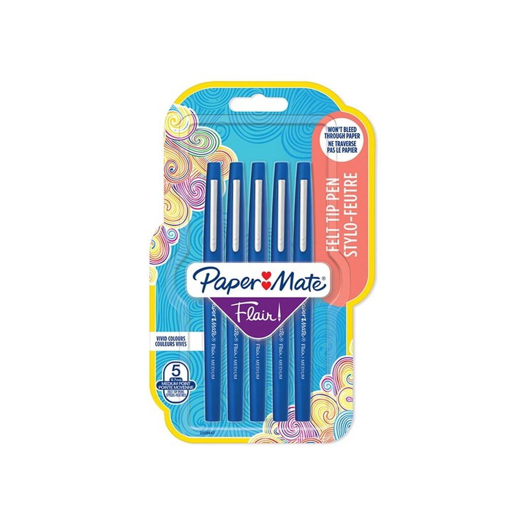 Paper Mate Flair Felt Tip Pens | Medium spids (0,7 mm) | Blå | 5 styk