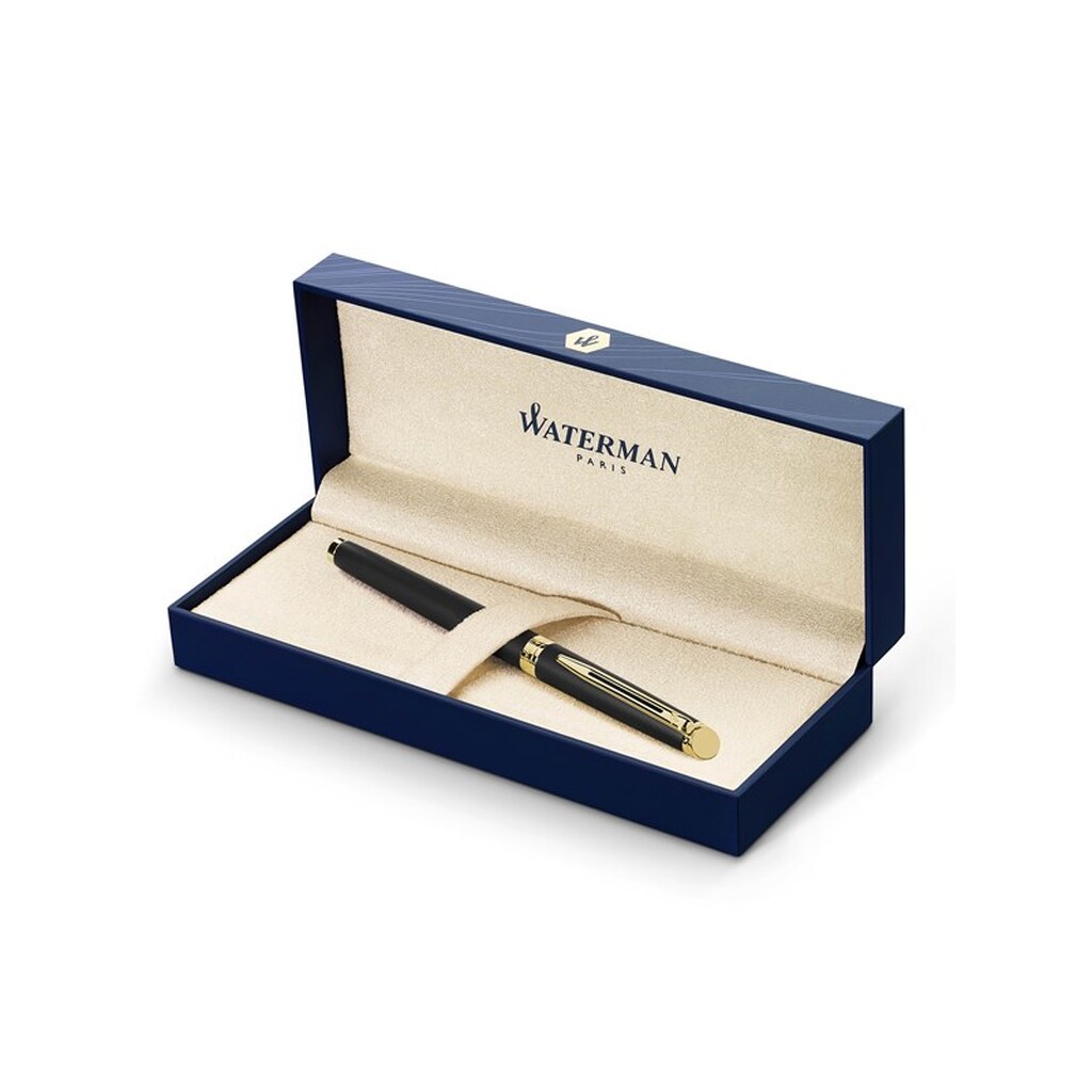 Waterman Hémisphère Rollerball Pen | Mat sort med 23k guldkant | Fint punkt | Sort blæk | Gaveæske