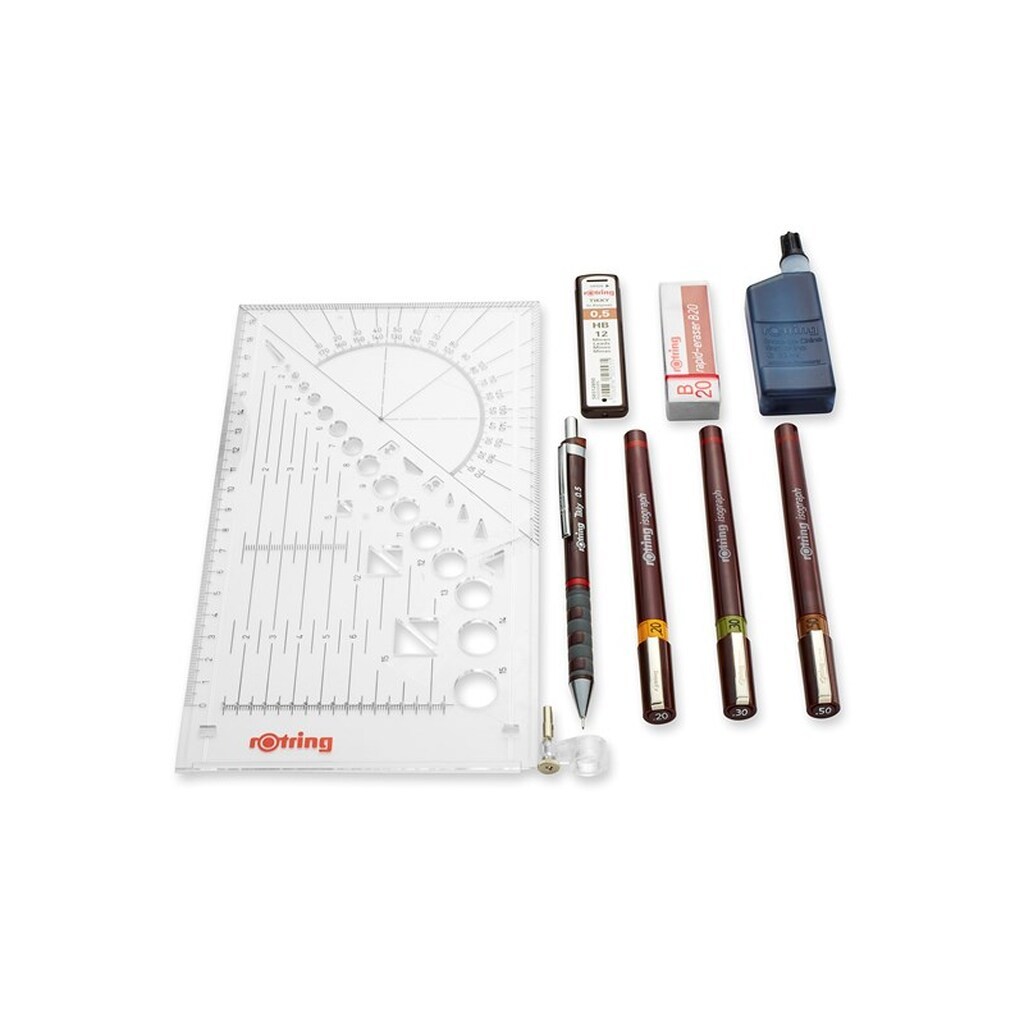 Rotring rOtring Isograph Pen Set Teknisk Pen &amp; Pencil College Set | 3 penne (0,20 mm, 0,30 mm, 0,50 mm) og mekanisk blyant (0,5 mm) + tilbehør