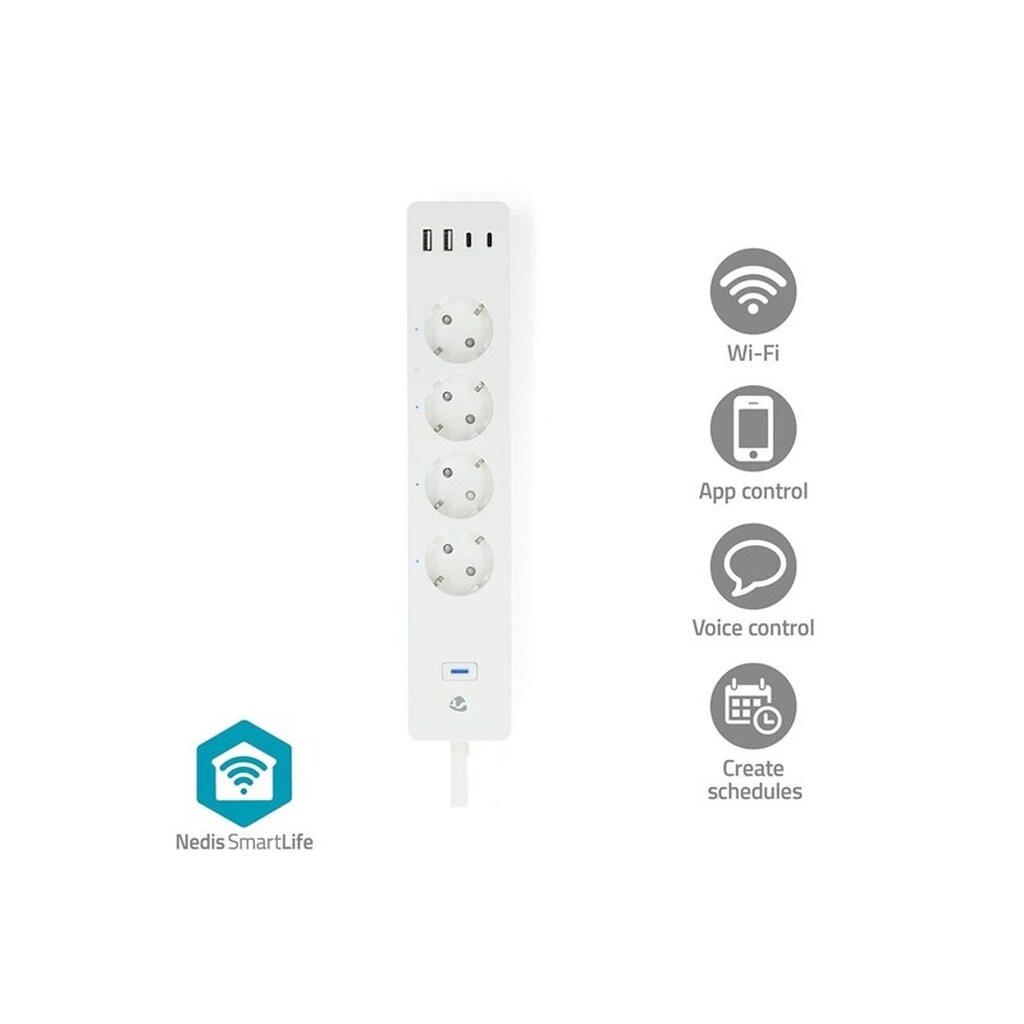 Nedis SmartLife Stikdåse, Wi-Fim Hybrid (CEE 7/7) / USB-A / USB-C, 16 A, 3680 W, 2 m, Hvid