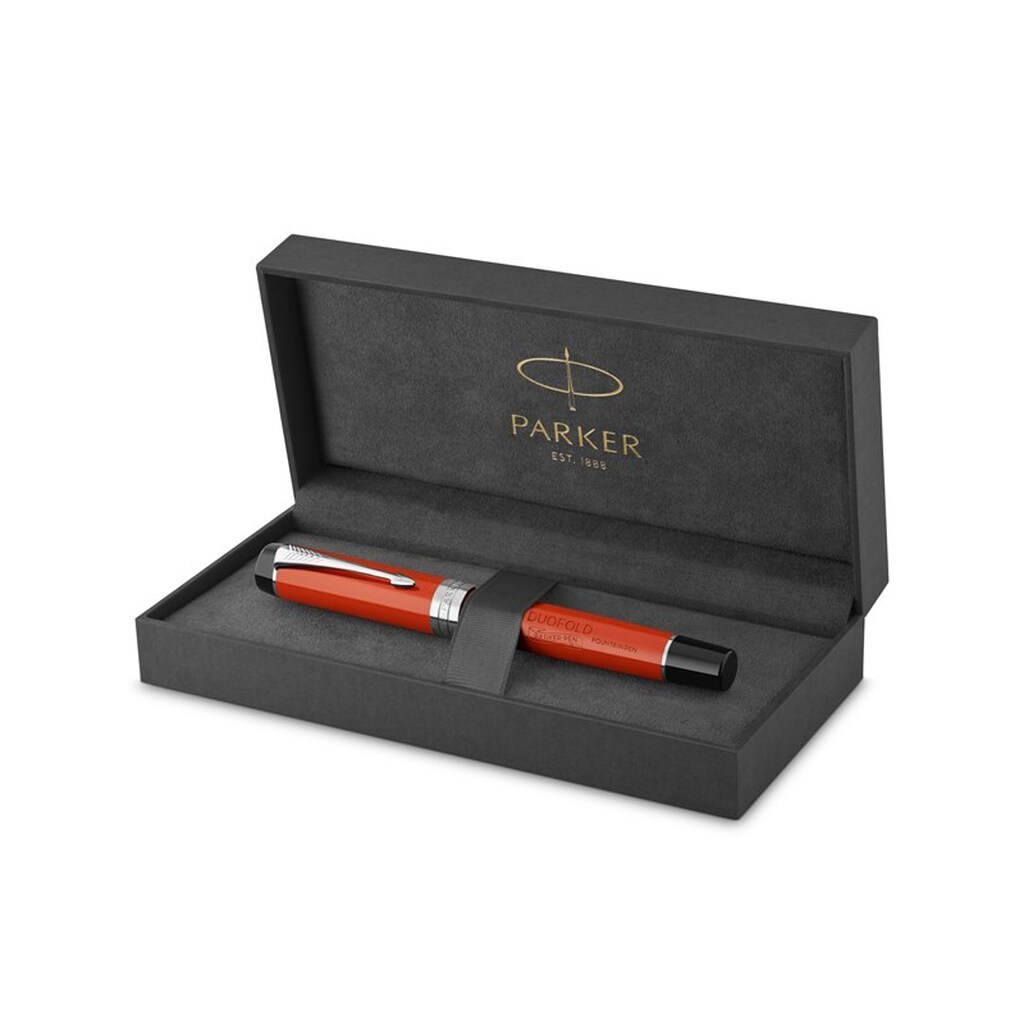 Parker Duofold Centennial-fyldepen | klassisk stor rød vintage | fin spids i rent guld | sort blæk og converter | kvalitetsgaveæske