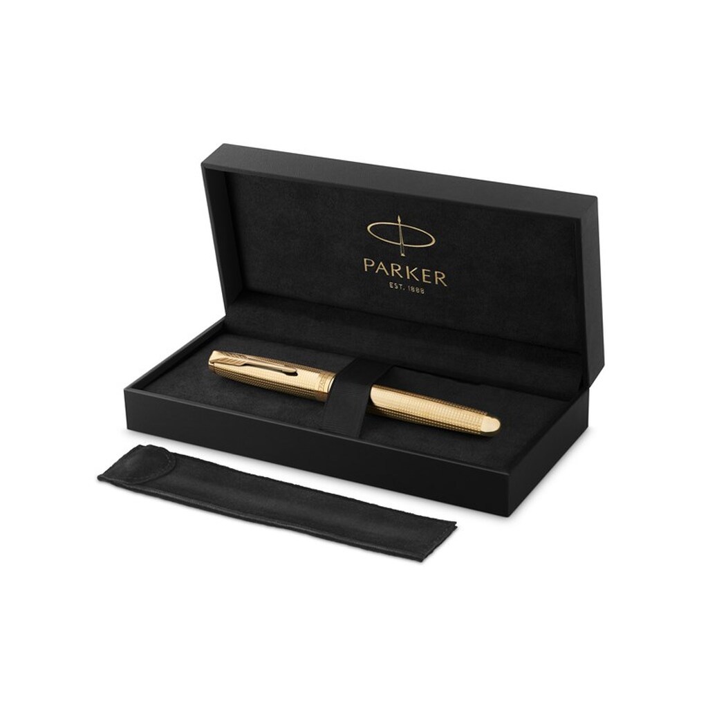 Parker Sonnet Ciselé Special Edition Fyldepen, Guld finish hætte, skaft og beklædning, Fin 18k massiv guldspids, Sort blæk og konverter