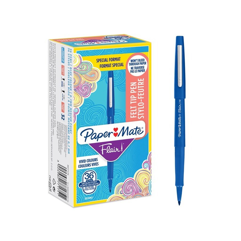 Paper Mate Flair Filtspids Penne | Medium Spids (0,7 mm) | Blå Penne | 36 Stk valuepack