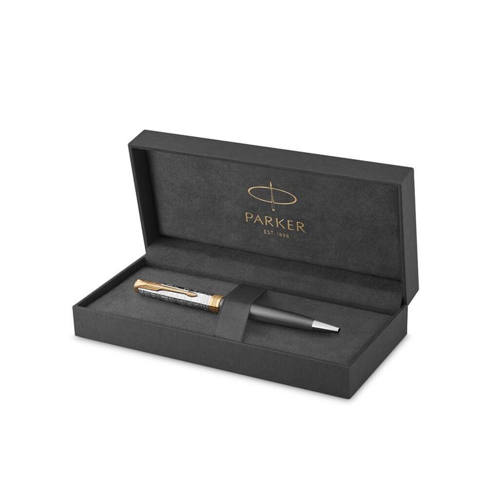 Parker Sonnet Intrerpid Journeys Collection Kuglepen, Ancient China Edition, Grålakeret med massiv sølvhætte &amp; guldbeklædning, Medium spids, Gaveæske