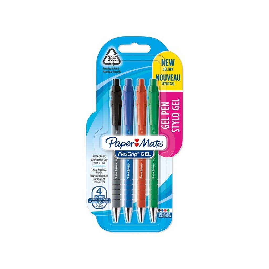 Paper Mate Flexgrip Gel Pens | 0,7 mm | Sort, blåt, rødt og grønt blæk | 4 styk