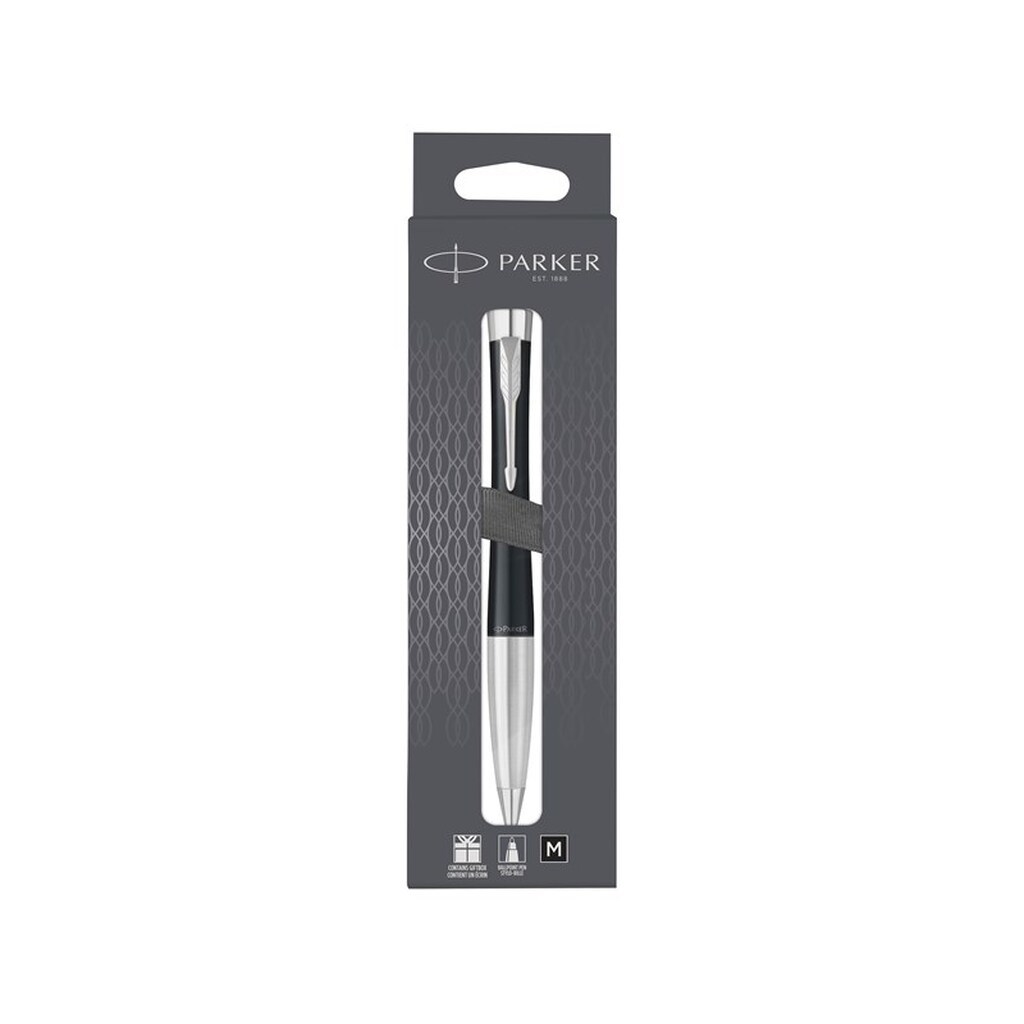 Parker Urban Twist kuglepen | Dæmpet sort med kromkant | Medium punkt blå blæk påfyldning