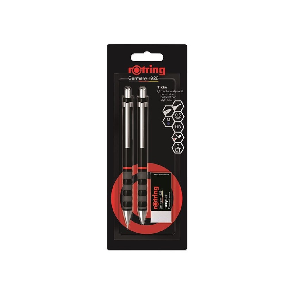 Rotring rOtring Tikky Mekanisk Blyant, Kuglepen, Viskelæder Sæt | HB Bly, 0,5 mm Blyant | Medium spids pen | Sort Skaft