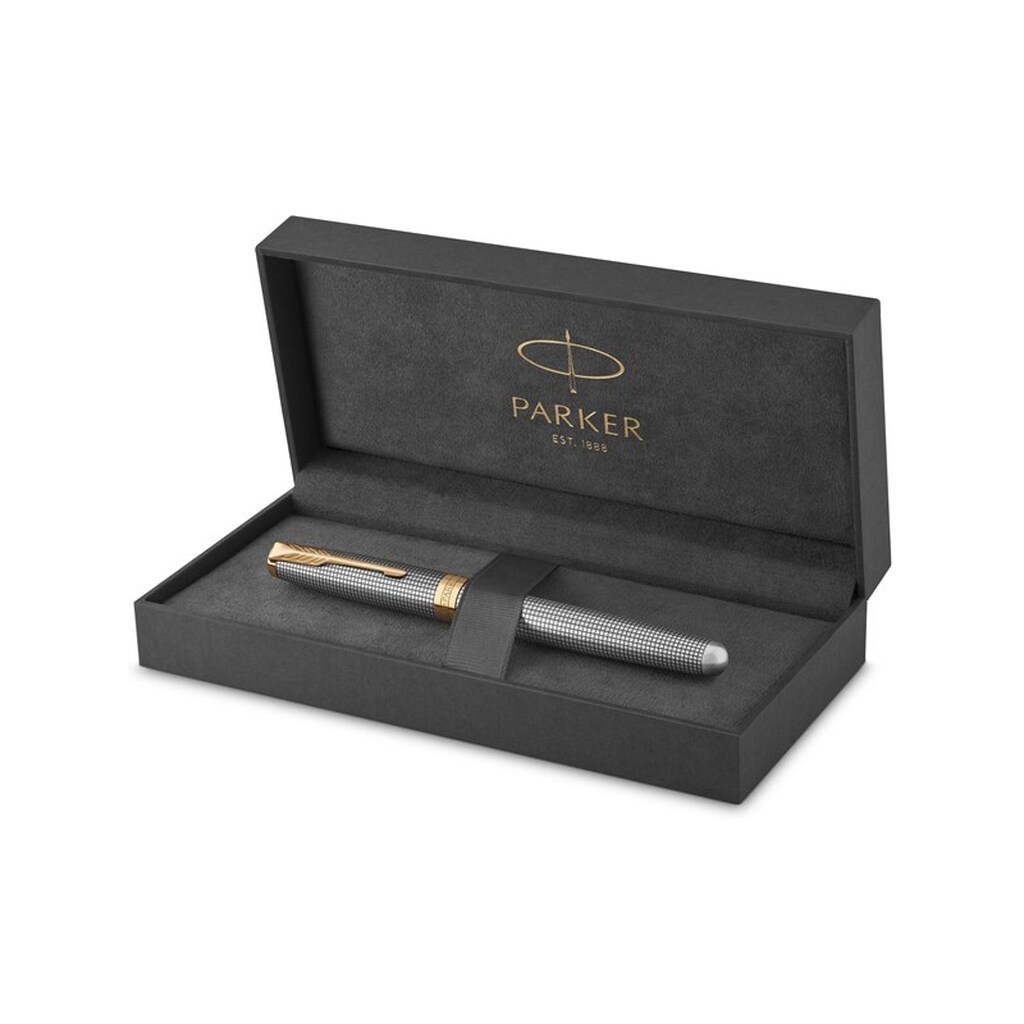 Parker Sonnet-fyldepen | mejslet sølv med detaljer i guld | fin spids i 18k ren guld | gaveæske