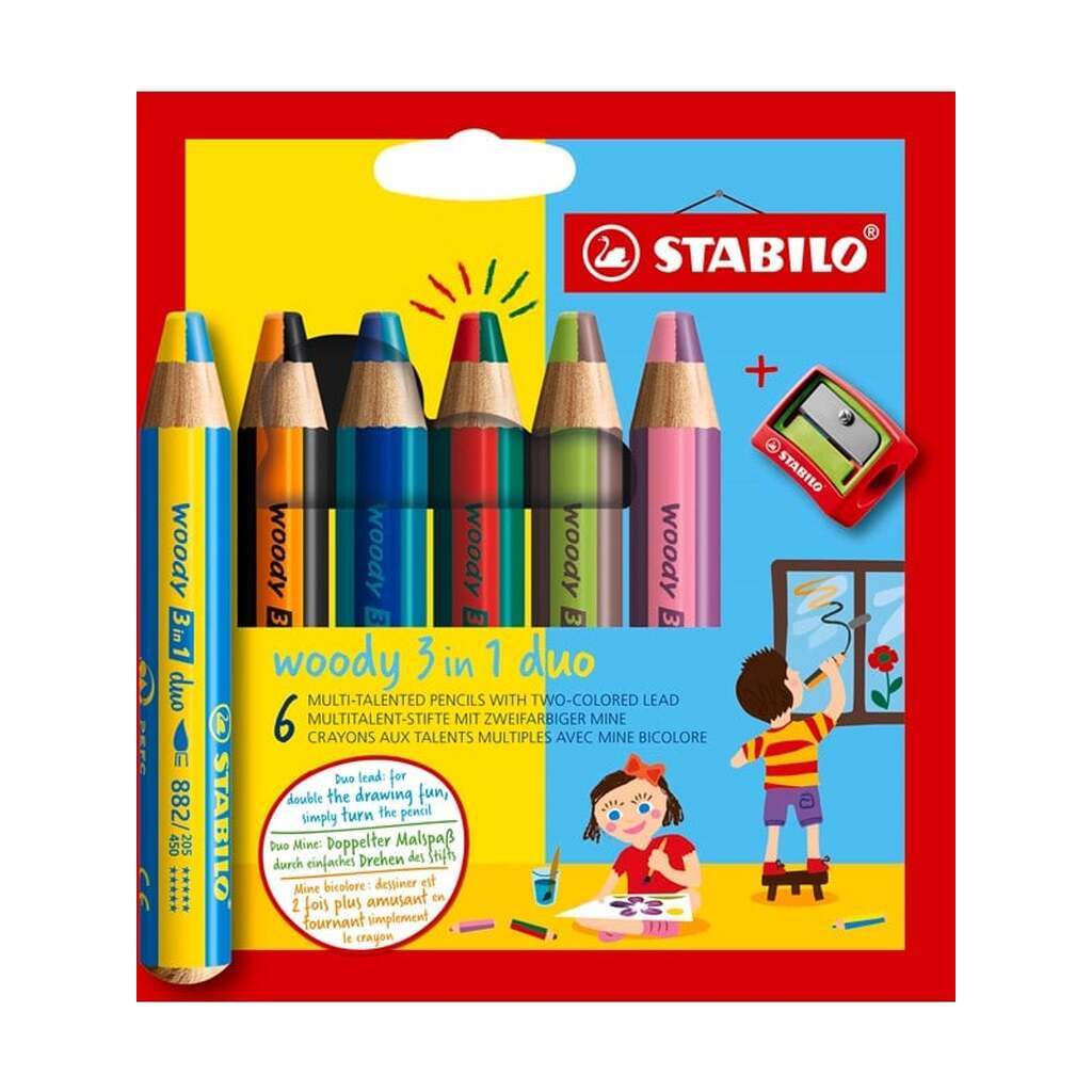 STABILO  woody Arty 3 in 1  sæt med 6 penne inkl. spidser to-farvet spids