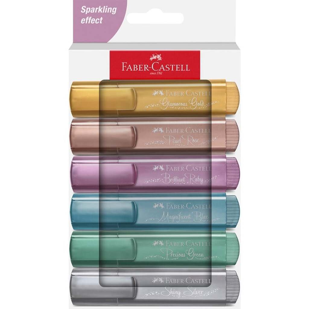 Faber-Castell Textliner 46 Metallic, kartonpung med 6 stk.: glamourøs guld, perlerose, strålende rubin, storslået blå, dyrebar grøn, skinnende sølv